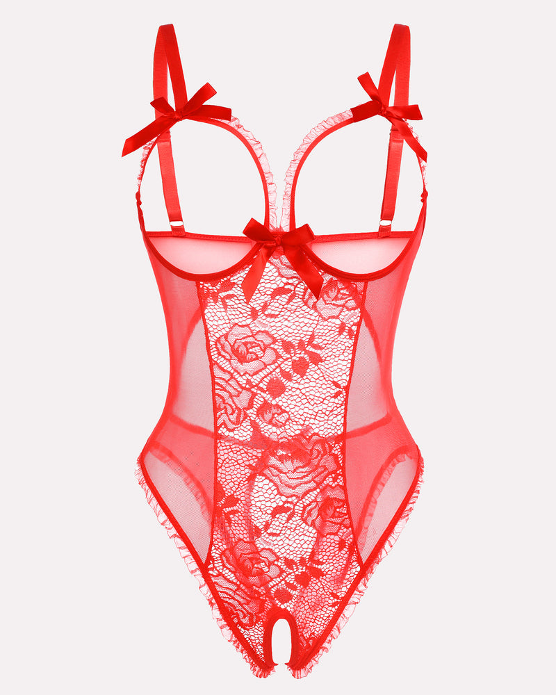 Red crotchless lace mini bodysuit with sheer mesh and ribbon bow shoulder ties
