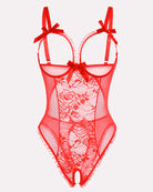 Red crotchless lace mini bodysuit with sheer mesh and ribbon bow shoulder ties