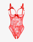 Red lace mini bodysuit with underwire cups, bow straps, and sheer mesh front panel