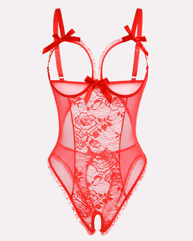 Red lace mini bodysuit with underwire cups, ribbon bows, sheer panels, open crotch