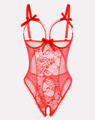 Red lace mini bodysuit with underwire cups, ribbon bows, sheer panels, open crotch