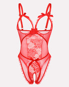 Red lace mini bodysuit with lace front panel, underwire cups, ribbon bows, open crotch
