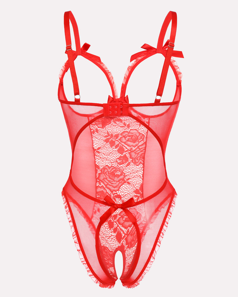 Red lace mini bodysuit with lace front panel, underwire cups, ribbon bows, open crotch