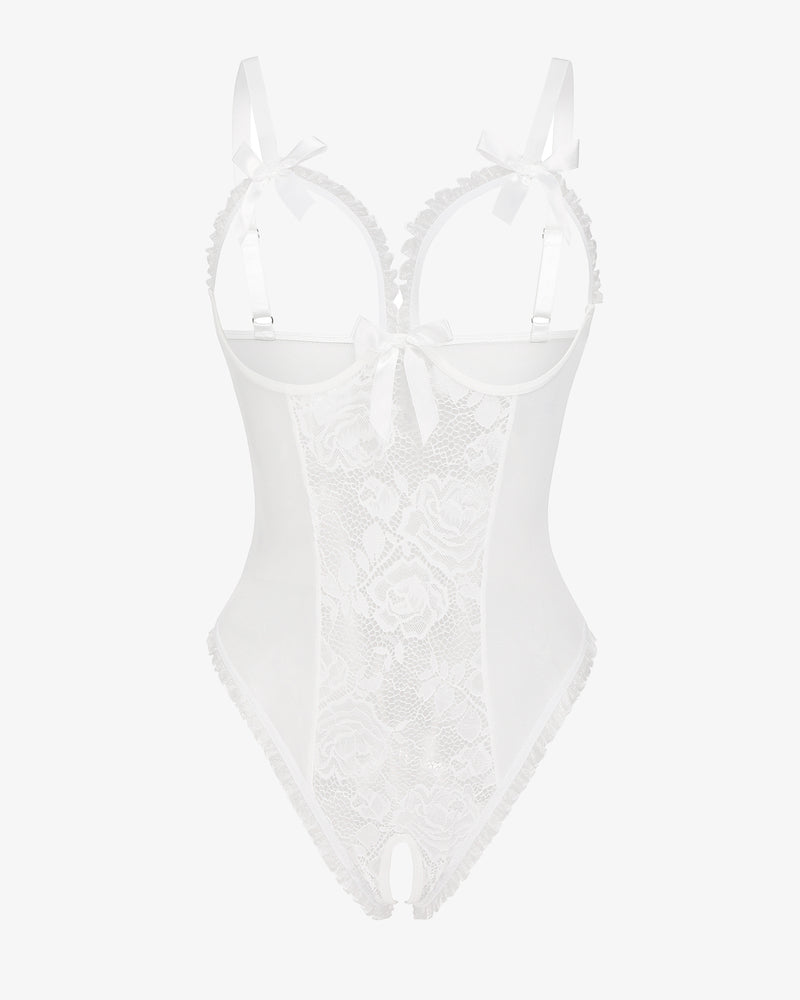 White lace crotchless bodysuit lingerie with tie straps and scalloped trim