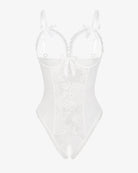 White lace mini bodysuit with underwire cups, bow straps, and sheer mesh front panel