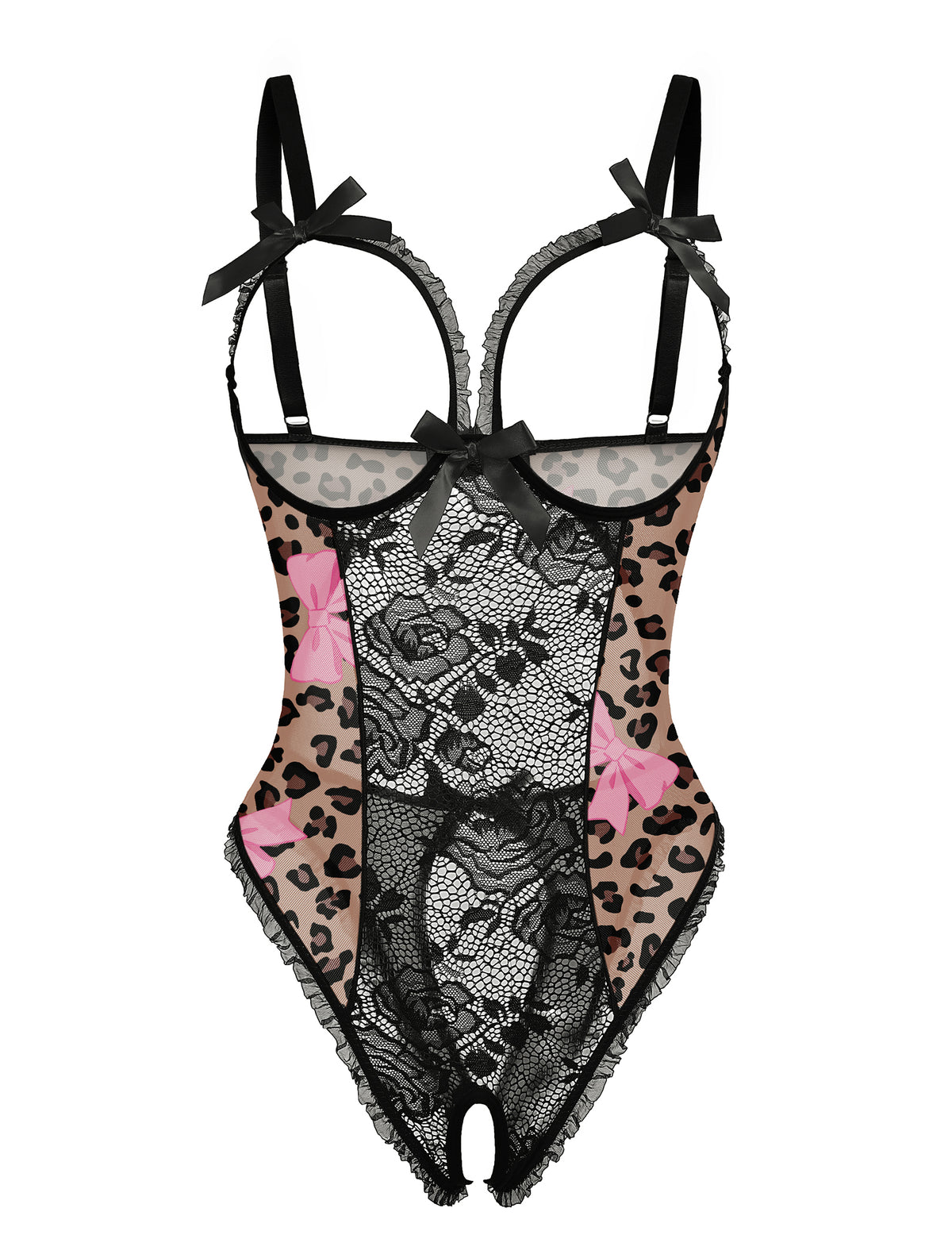 Black lace mesh open-cup crotchless teddy with leopard panels and bow straps