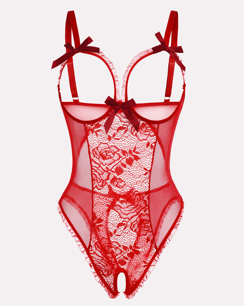 Crotchless lace mini bodysuit, red sheer lace panels and open crotch