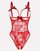 Crotchless lace mini bodysuit, red sheer lace panels and open crotch