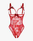 Red lace mini bodysuit with underwire cups, bow straps, and sheer mesh front panel