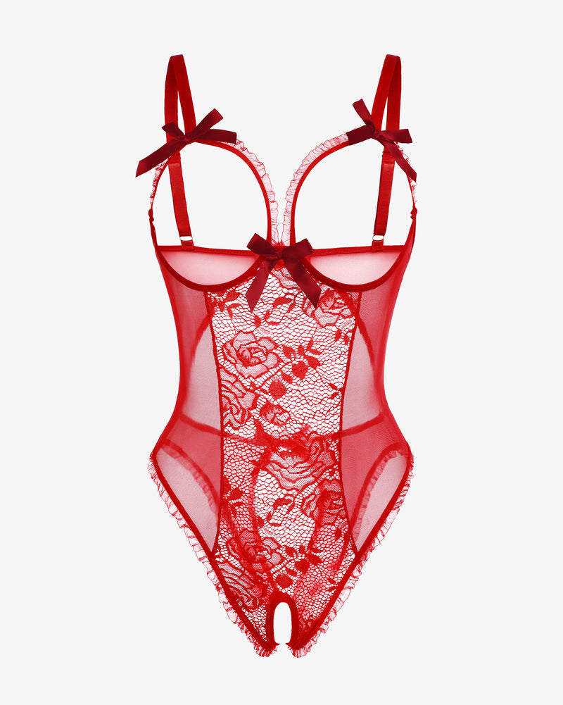Red mesh lace crotchless one-piece with scalloped trim and bow garter straps