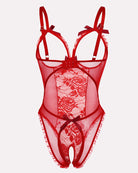 Crotchless lace mini bodysuit, red lace front with underwire-style cups
