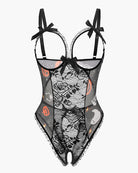 Black lace mesh open-cup crotchless teddy with bow-tied straps
