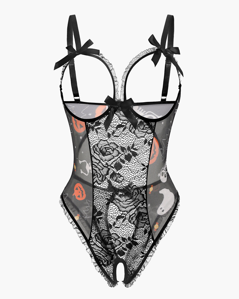 Black lace mesh open-cup crotchless teddy with bow-tied straps