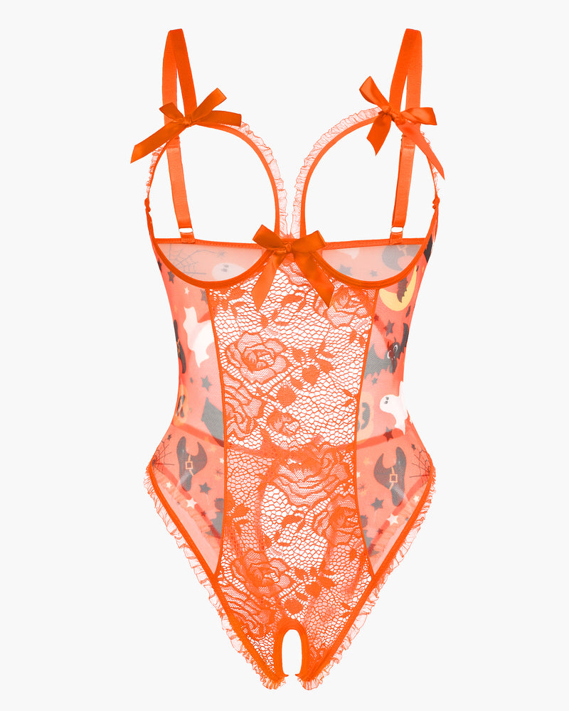 Red floral lace mesh open-cup crotchless teddy with bow detail