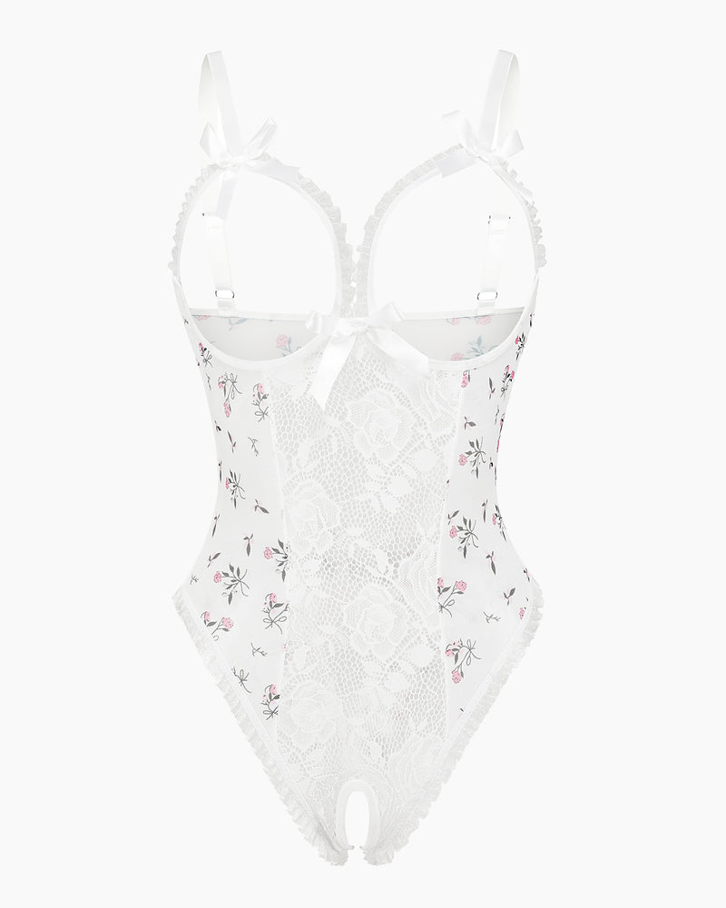 White lace mini bodysuit with small floral print and bow shoulder straps