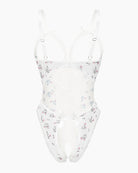 White lace mini bodysuit with pastel floral accents and bow shoulder straps