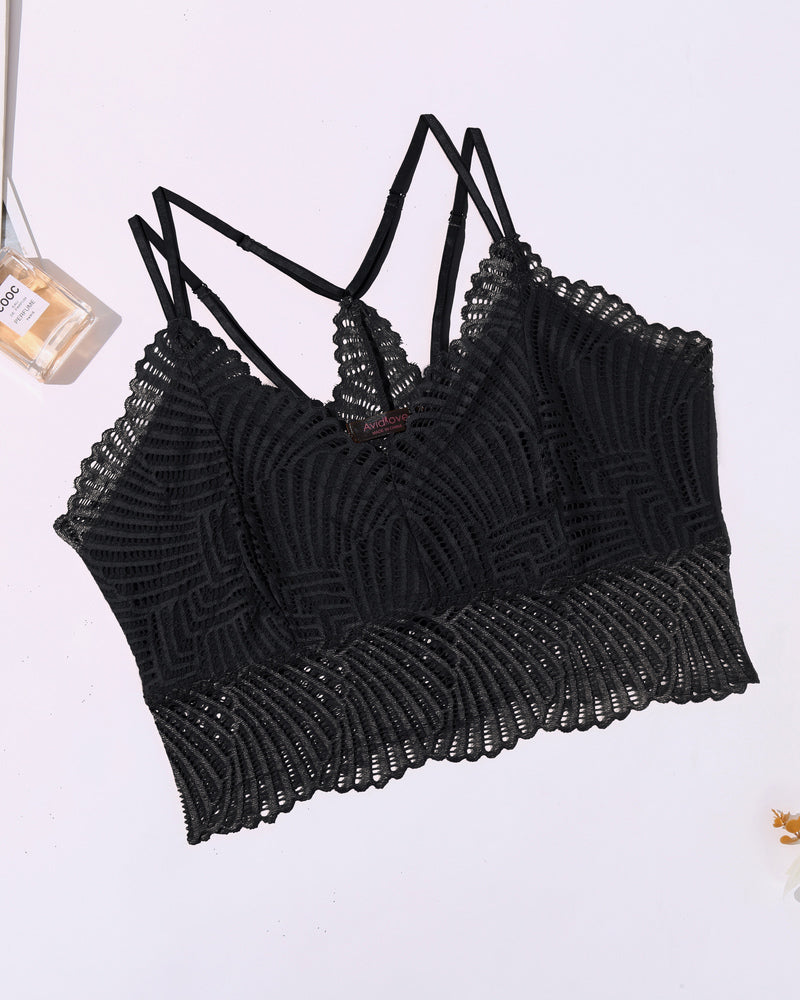 Black V-neck racerback crop top with scalloped lace trim and thin straps