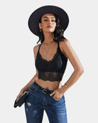 Black V-neck racerback crop top with scalloped crochet hem and lace texture