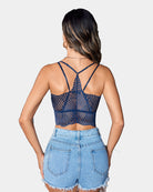 Blue V-neck racerback crop top, open back with crisscross lace crochet straps