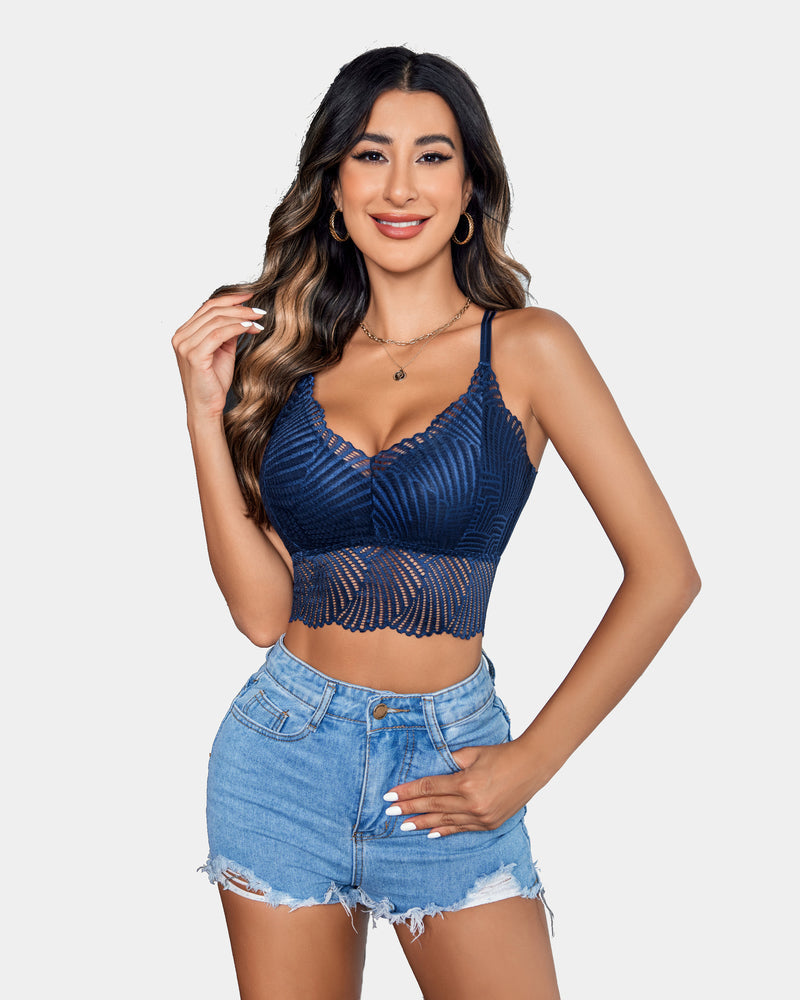 Blue V-neck racerback crop top with scalloped crochet hem and lace knit texture