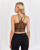 Brown V-neck racerback crop top with open back and crisscross lace crochet straps