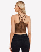 Brown V-neck racerback crop top back view with crisscross straps and scalloped hem