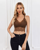Brown V-neck racerback crop top with scalloped crochet hem and lace texture