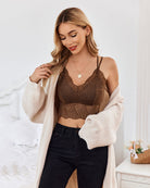 Brown V-neck racerback crop top with scalloped crochet hem and lace-knit texture