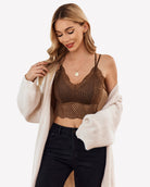 Brown V-neck racerback crop top with scalloped trim and thin crisscross back straps