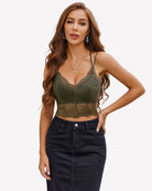 Olive V-neck racerback crop top with lace-up look back and scalloped hem