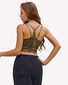 Olive V-neck racerback crop top back view with crisscross straps and scalloped hem