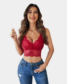 Red V-neck racerback crop top with scalloped crochet hem and soft lace pattern
