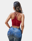 Red V-neck racerback crop top with open back and crisscross lace crochet straps