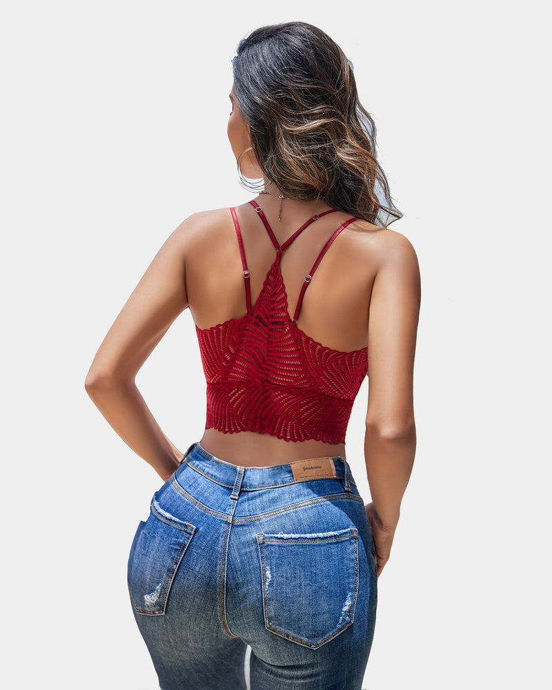 Red V-neck racerback crop top with open back and crisscross lace crochet straps