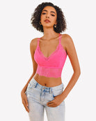Pink lace V-neck racerback crop top with scalloped hem and thin straps