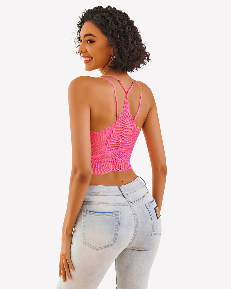 Pink lace racerback crop top with V-neck and open back straps