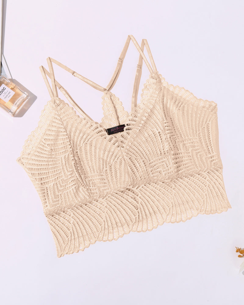 Beige lace V-neck racerback crop top with scalloped edges and thin straps, close-up