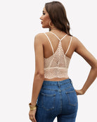 Beige lace racerback crop top with open back and V-neck, thin straps