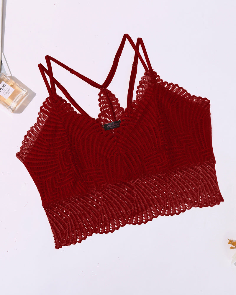 Wine red lace V-neck racerback crop top with scalloped trim and thin straps, close-up