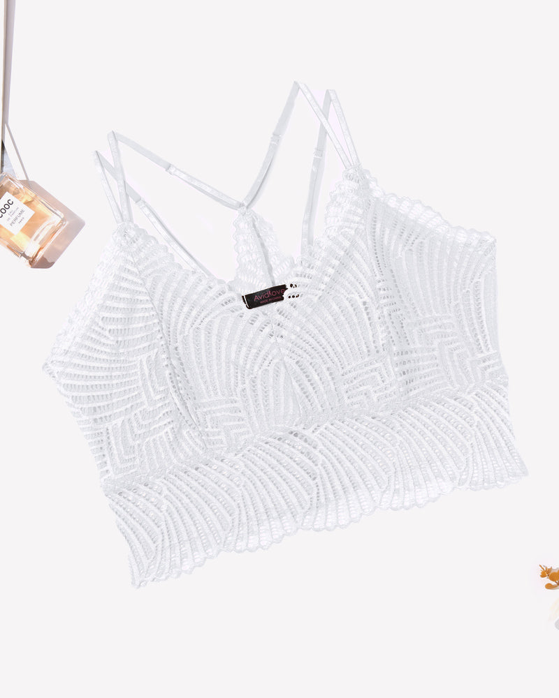 White lace V-neck racerback crop top with scalloped edges and thin straps, close-up