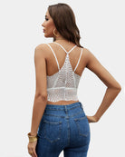White crochet V-neck racerback crop top with open back and thin straps