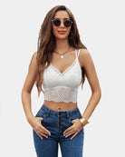 White V-neck racerback crop top with scalloped crochet hem and lace knit texture