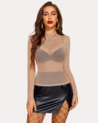 Light tan long sleeve mock neck mesh crop top with sheer V-shaped bust