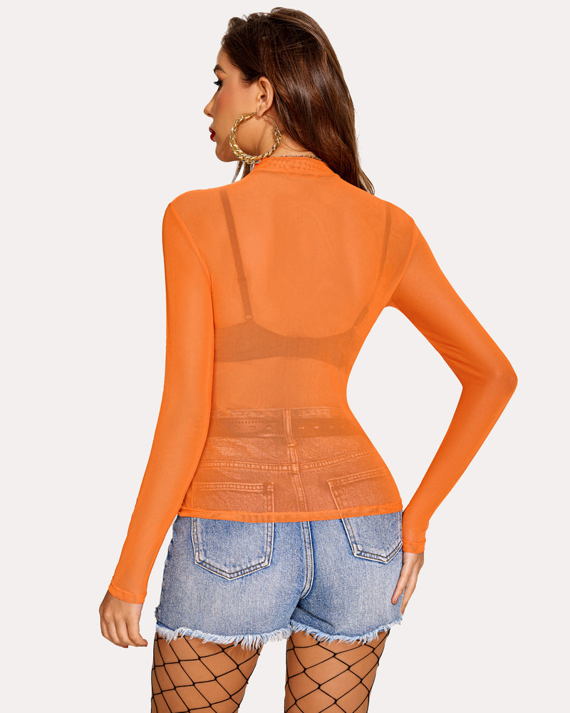 Orange long sleeve mock neck mesh crop top, sheer backless style with fitted waist.
