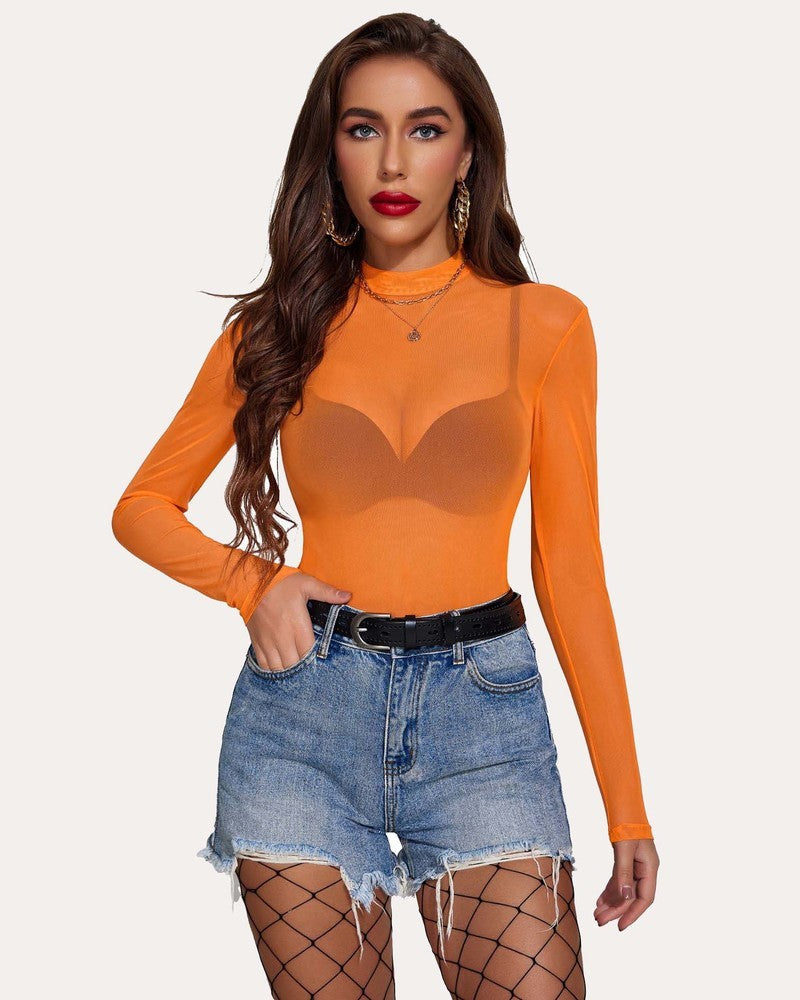 Orange long sleeve mock neck mesh crop top with fitted sheer finish