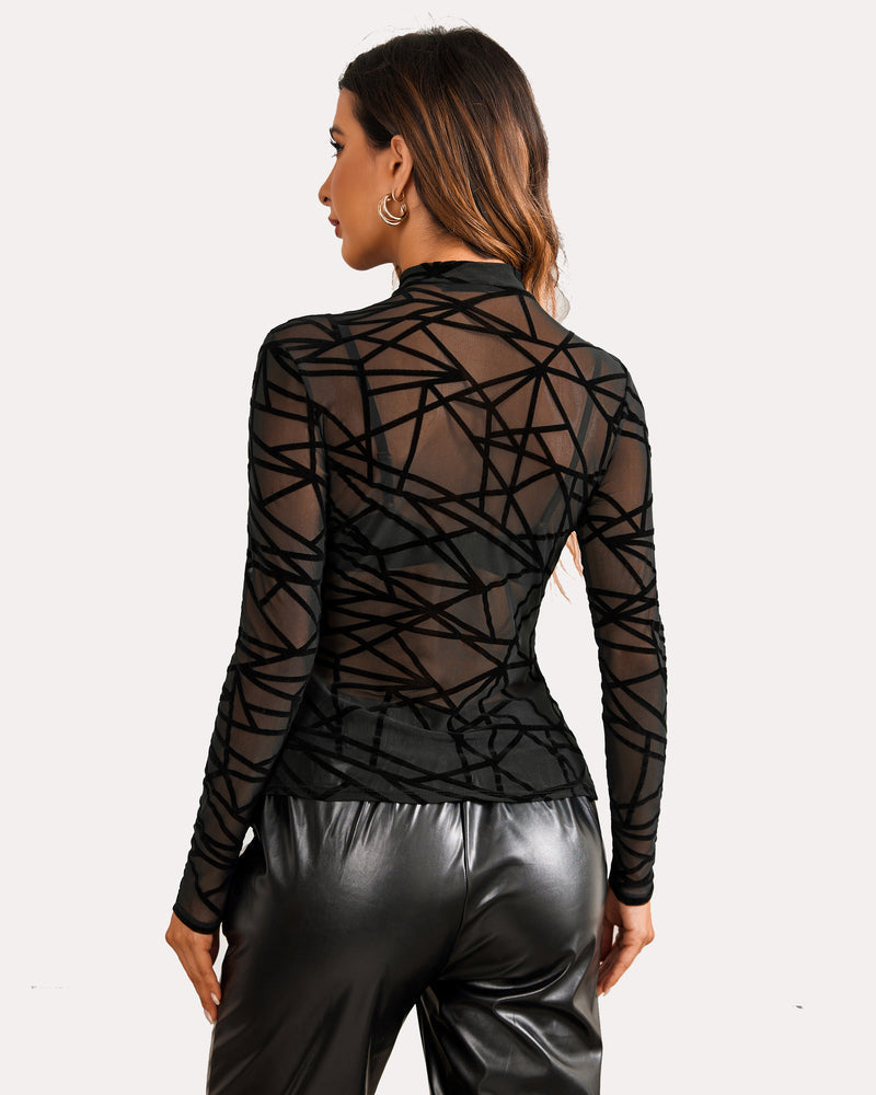 Black long sleeve mock neck mesh crop top, geometric grid back view with fitted waist.
