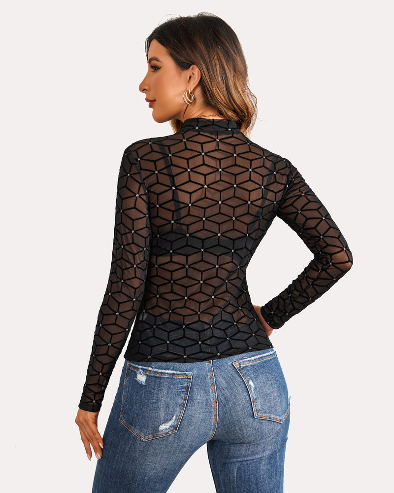 Black long sleeve mock neck mesh crop top, geometric grid back and fitted long sleeves.