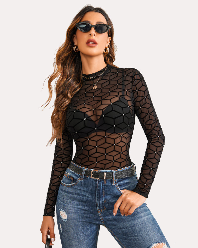 Black sheer long-sleeve mock neck mesh crop top with cube texture