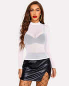 White long sleeve mock neck mesh crop top with fitted sheer finish