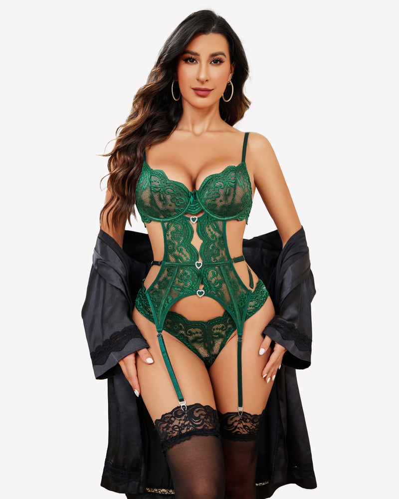 Green lace cut-out corset set with rhinestone heart trim and garter straps